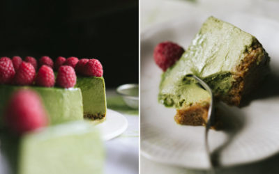 Matcha cheesecake with raspberries