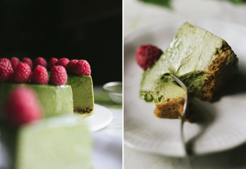 Matcha cheesecake with raspberries